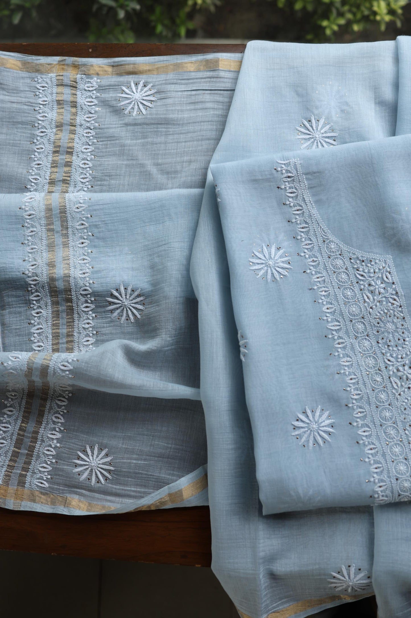 Pastel Blue Shade Mal Cotton Fine Chikankari Unstitched Fabric