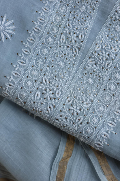Pastel Blue Shade Mal Cotton Fine Chikankari Unstitched Fabric