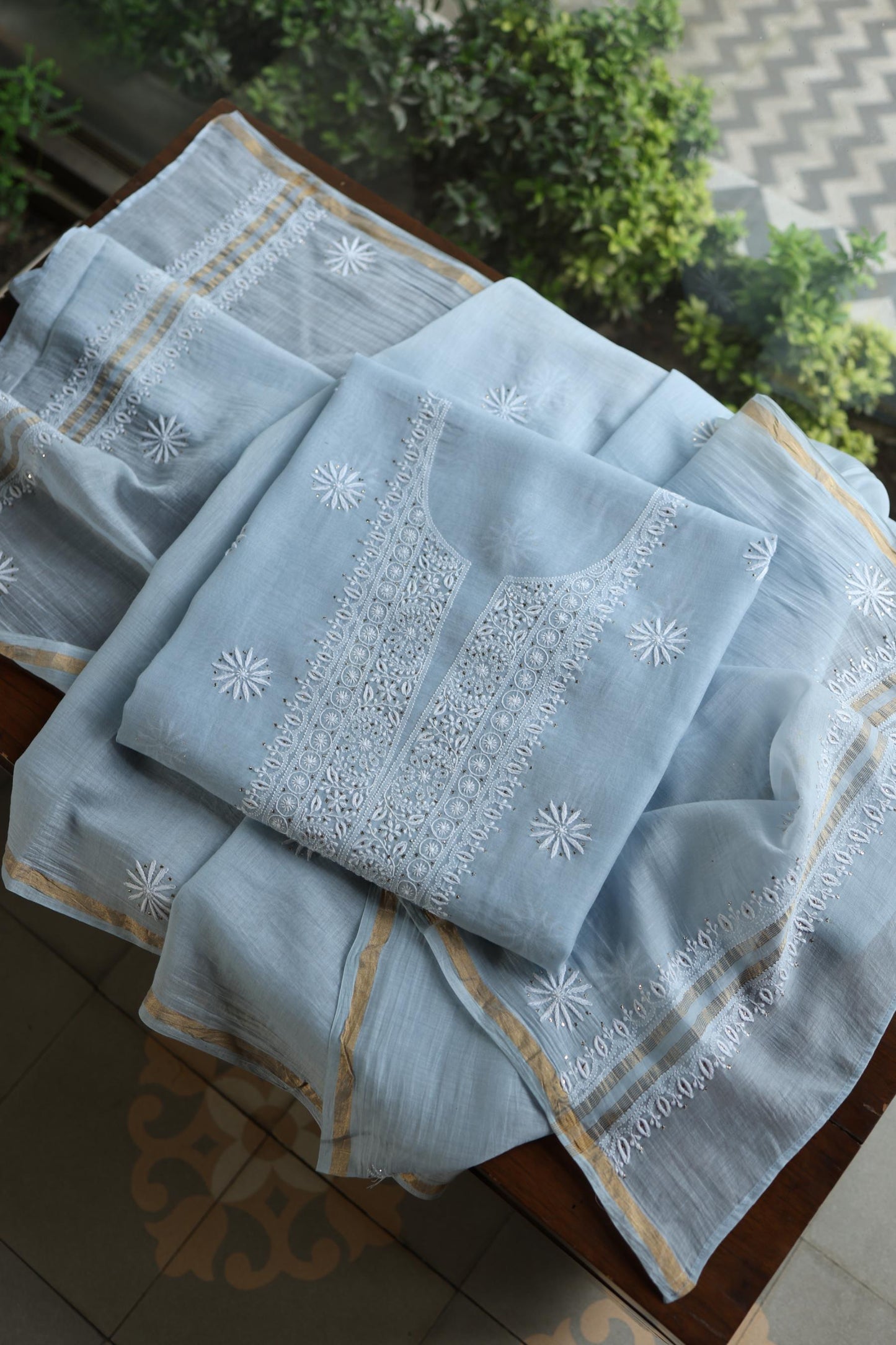 Pastel Blue Shade Mal Cotton Fine Chikankari Unstitched Fabric