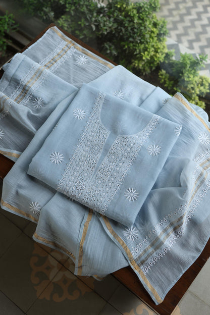 Pastel Blue Shade Mal Cotton Fine Chikankari Unstitched Fabric