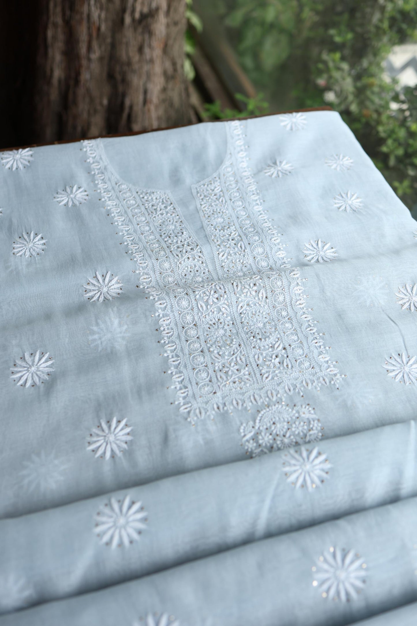 Pastel Blue Shade Mal Cotton Fine Chikankari Unstitched Fabric