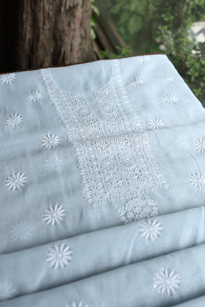 Pastel Blue Shade Mal Cotton Fine Chikankari Unstitched Fabric