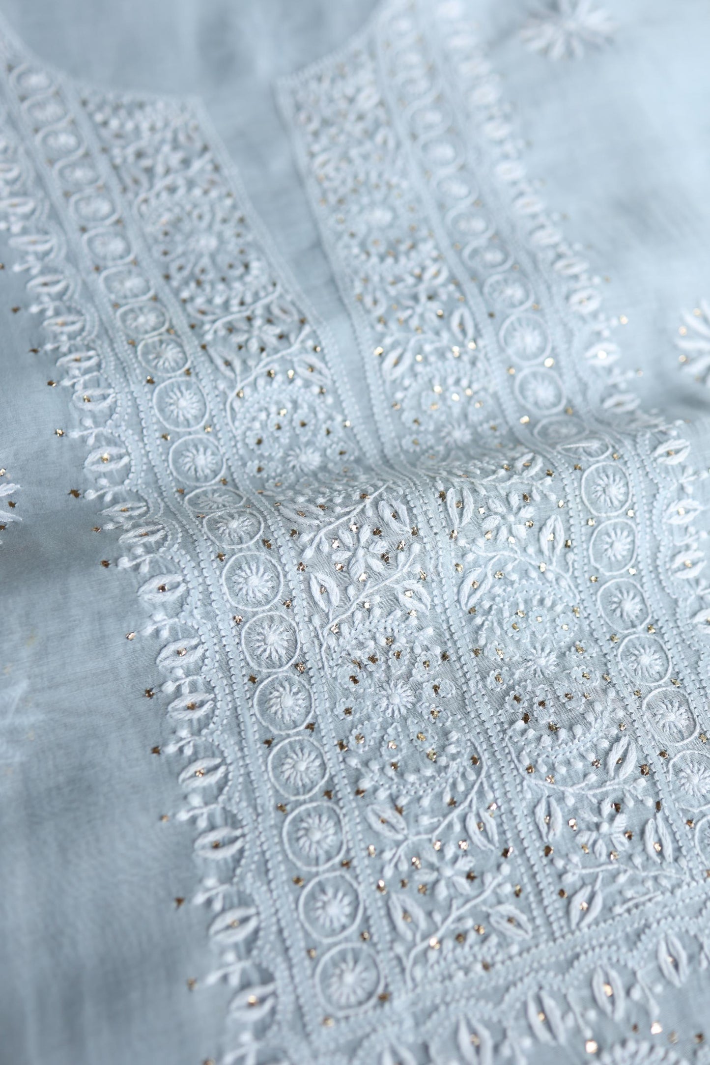 Pastel Blue Shade Mal Cotton Fine Chikankari Unstitched Fabric