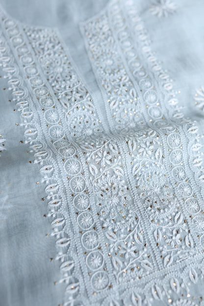 Pastel Blue Shade Mal Cotton Fine Chikankari Unstitched Fabric