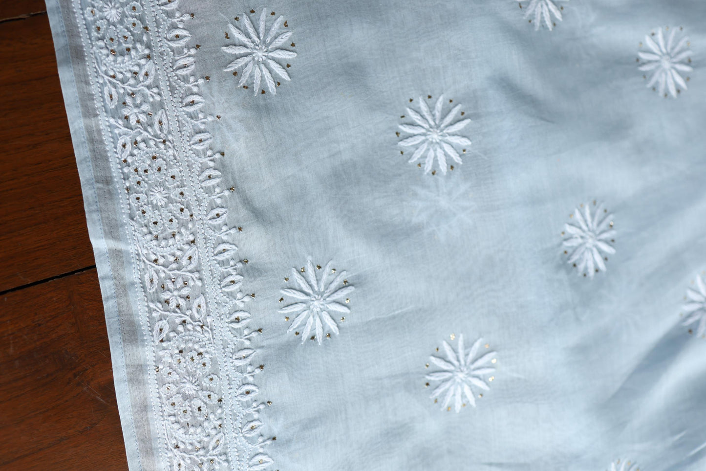 Pastel Blue Shade Mal Cotton Fine Chikankari Unstitched Fabric