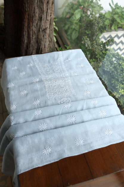 Pastel Blue Shade Mal Cotton Fine Chikankari Unstitched Fabric