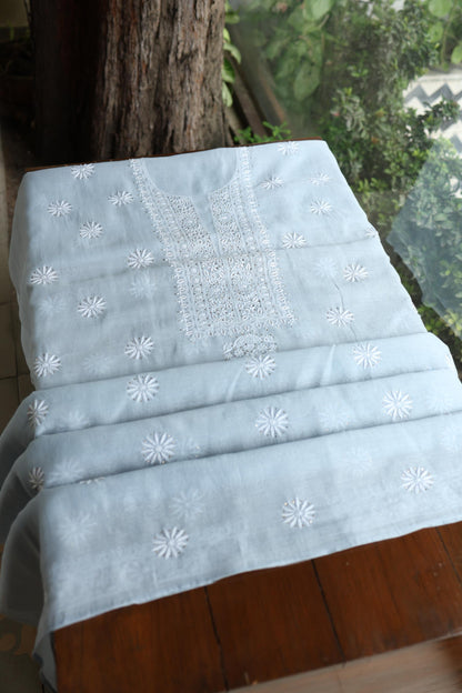 Pastel Blue Shade Mal Cotton Fine Chikankari Unstitched Fabric