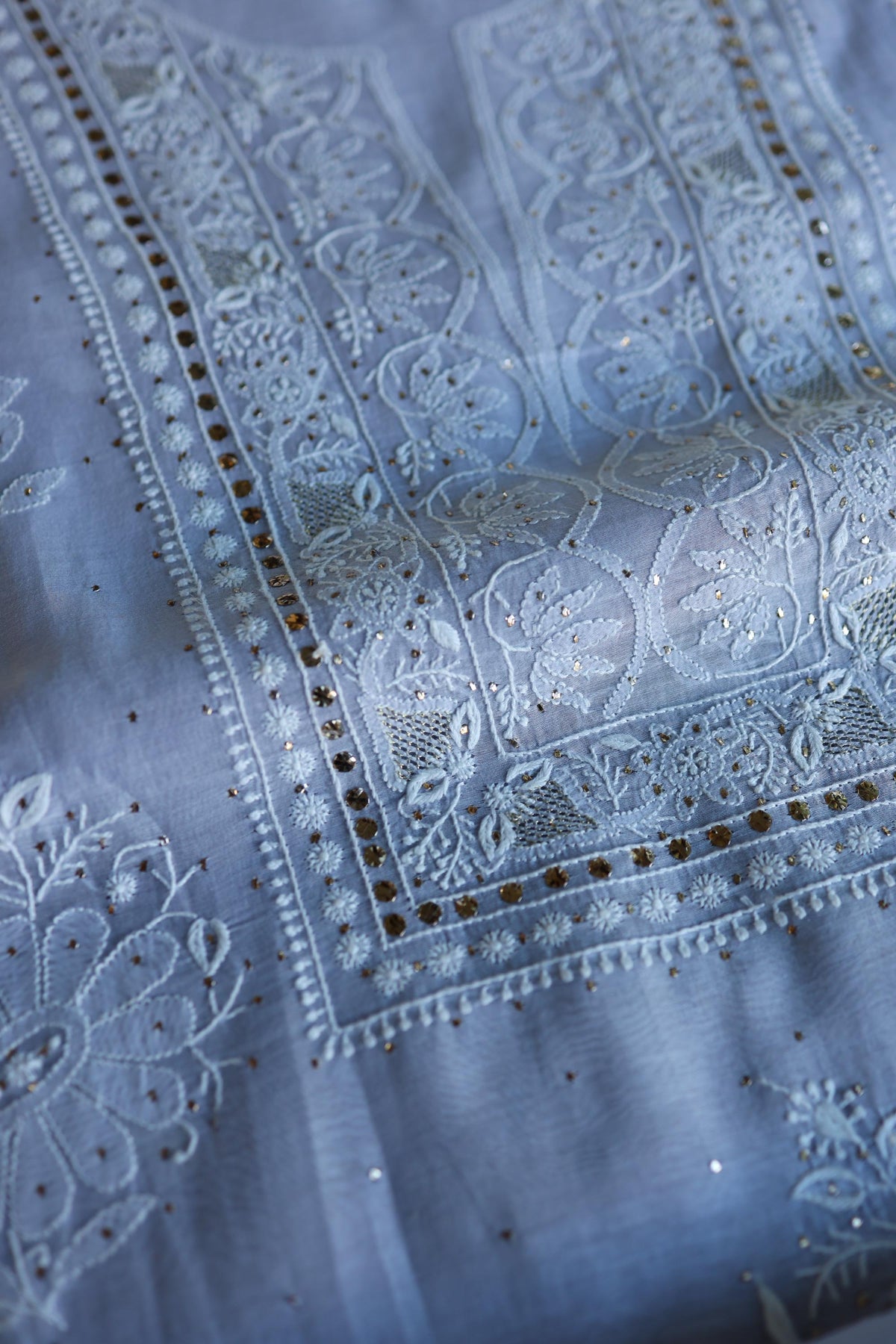 Pastel Blue Shade Mal Cotton Fine Chikankari With Kamdani Work Unstitched Fabric