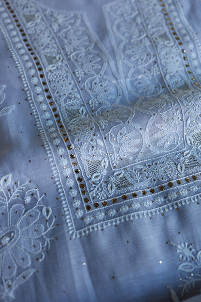Pastel Blue Shade Mal Cotton Fine Chikankari With Kamdani Work Unstitched Fabric