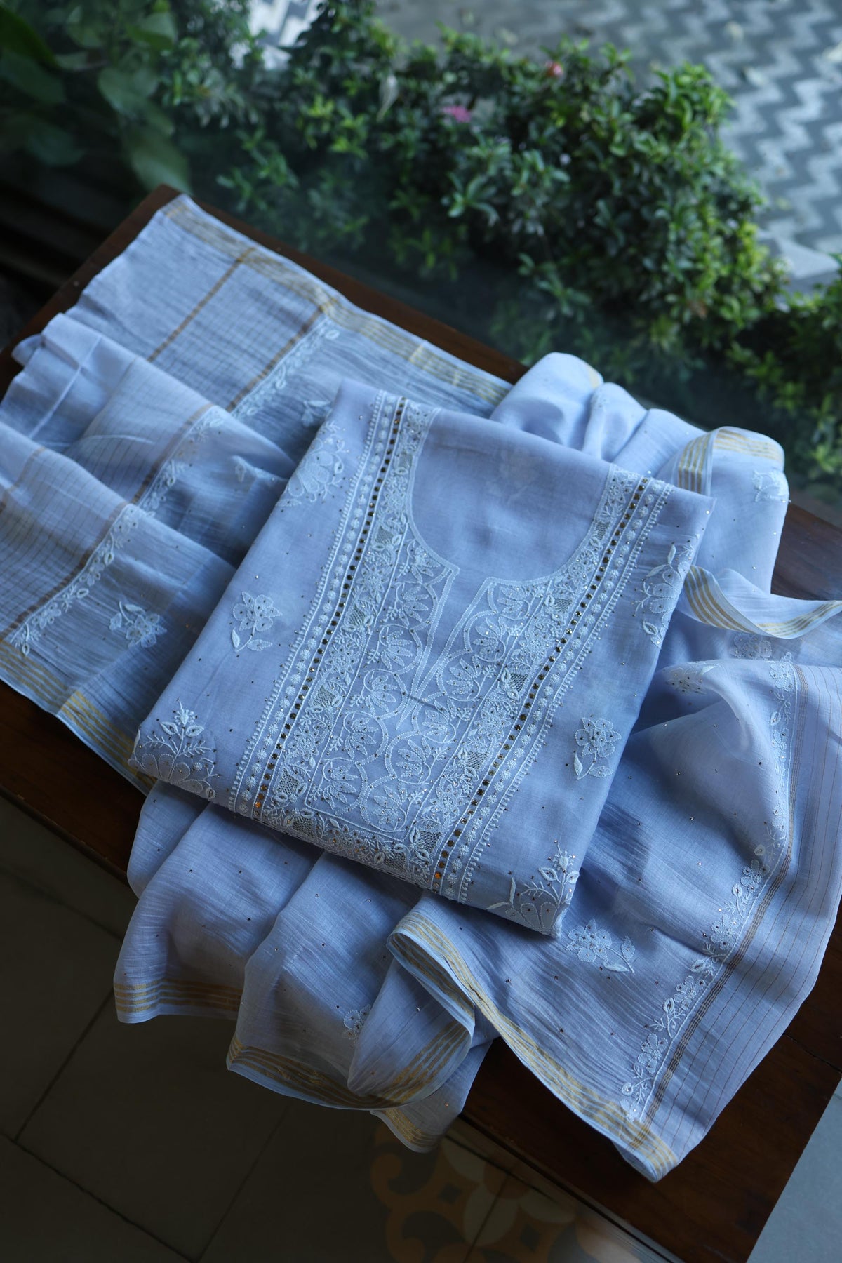 Pastel Blue Shade Mal Cotton Fine Chikankari With Kamdani Work Unstitched Fabric