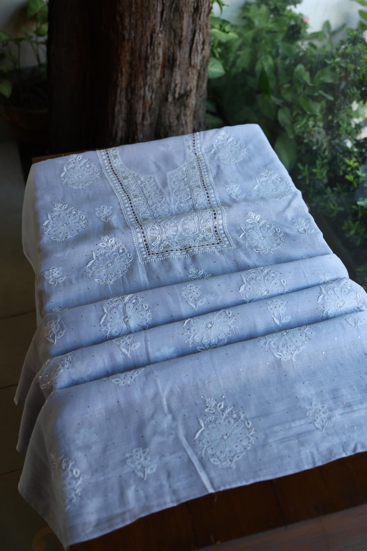 Pastel Blue Shade Mal Cotton Fine Chikankari With Kamdani Work Unstitched Fabric