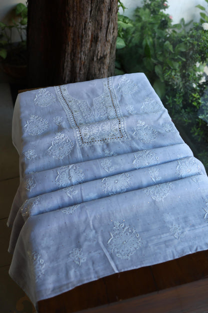 Pastel Blue Shade Mal Cotton Fine Chikankari With Kamdani Work Unstitched Fabric