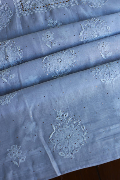 Pastel Blue Shade Mal Cotton Fine Chikankari With Kamdani Work Unstitched Fabric