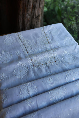 Pastel Blue Shade Mal Cotton Fine Chikankari With Kamdani Work Unstitched Fabric