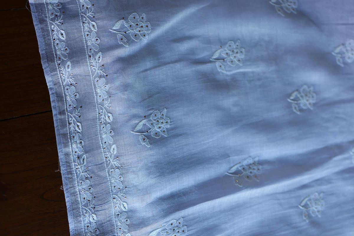 Pastel Blue Shade Mal Cotton Fine Chikankari With Kamdani Work Unstitched Fabric