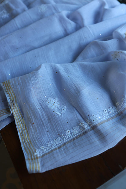 Pastel Blue Shade Mal Cotton Fine Chikankari With Kamdani Work Unstitched Fabric