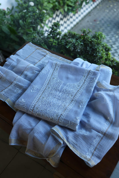 Pastel Blue Shade Mal Cotton Fine Chikankari With Kamdani Work Unstitched Fabric