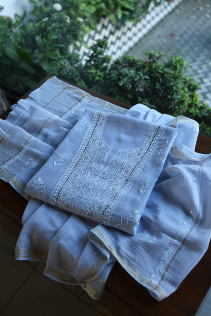 Pastel Blue Shade Mal Cotton Fine Chikankari With Kamdani Work Unstitched Fabric