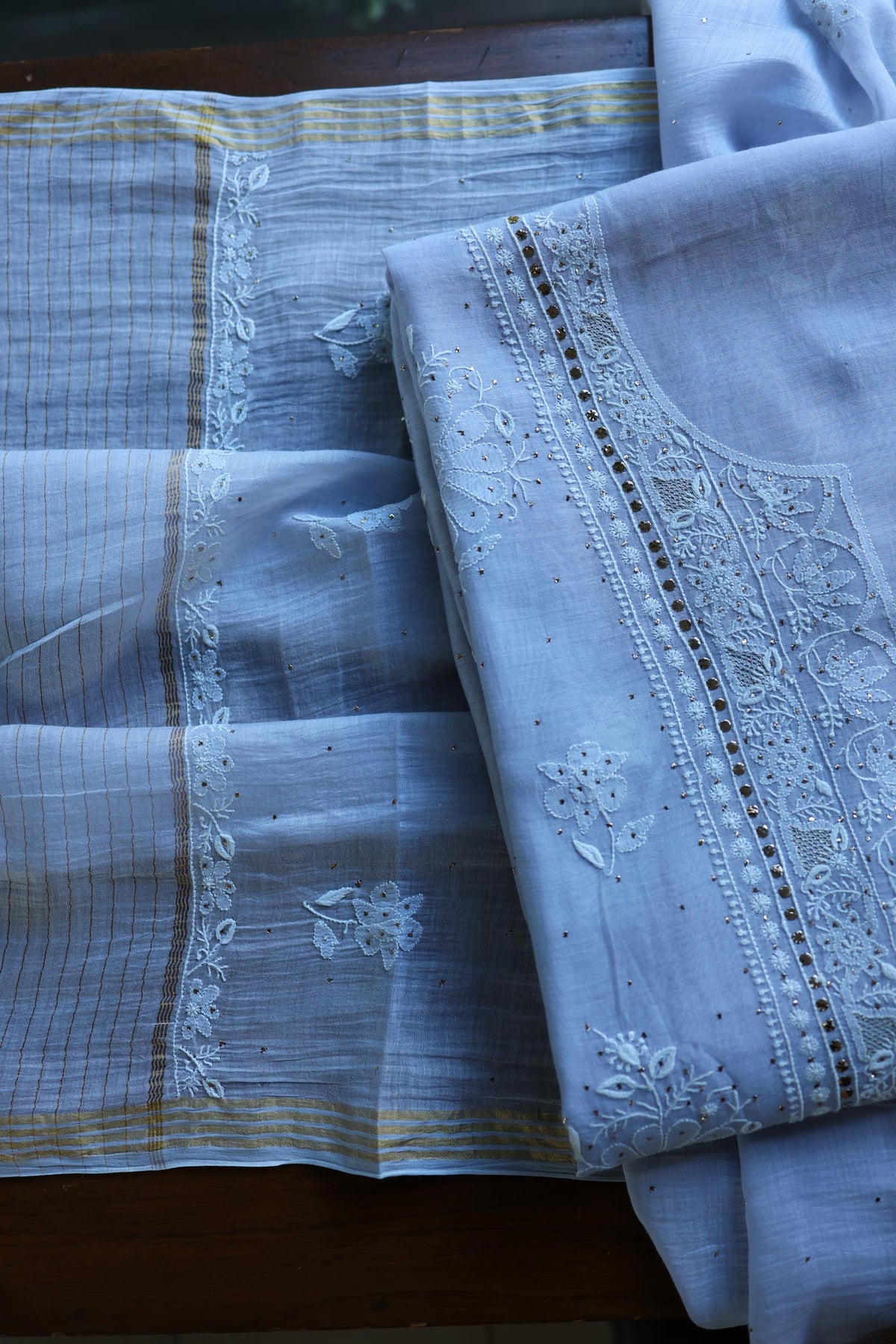 Pastel Blue Shade Mal Cotton Fine Chikankari With Kamdani Work Unstitched Fabric