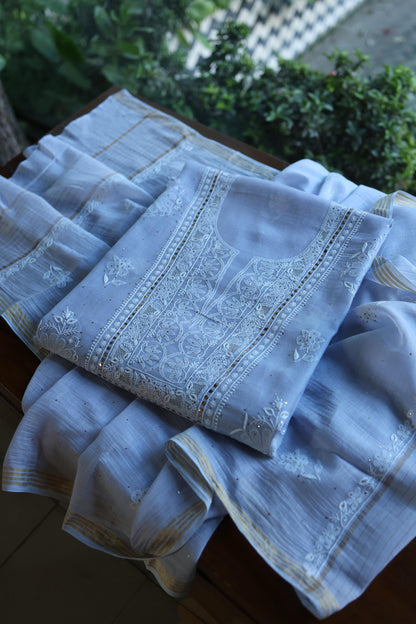 Pastel Blue Shade Mal Cotton Fine Chikankari With Kamdani Work Unstitched Fabric