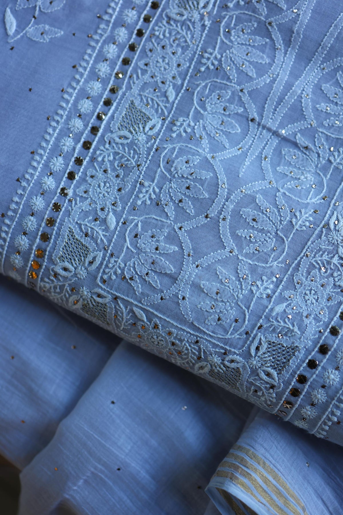 Pastel Blue Shade Mal Cotton Fine Chikankari With Kamdani Work Unstitched Fabric