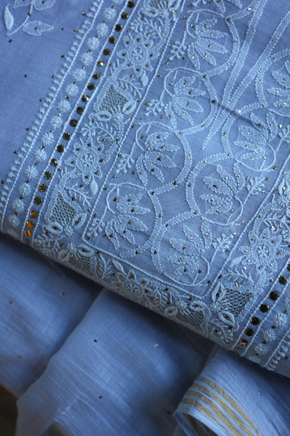 Pastel Blue Shade Mal Cotton Fine Chikankari With Kamdani Work Unstitched Fabric