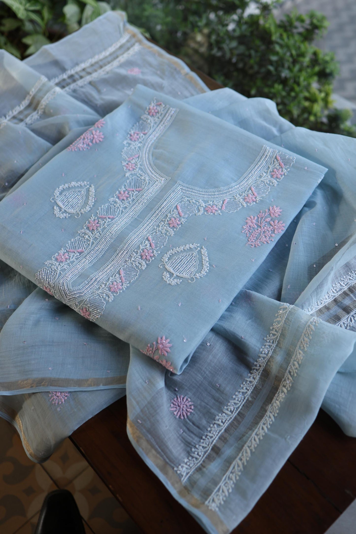 Pastel Blue Shade Malmal Pearl Work Chikankari Fabric