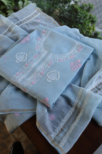 Pastel Blue Shade Malmal Pearl Work Chikankari Fabric