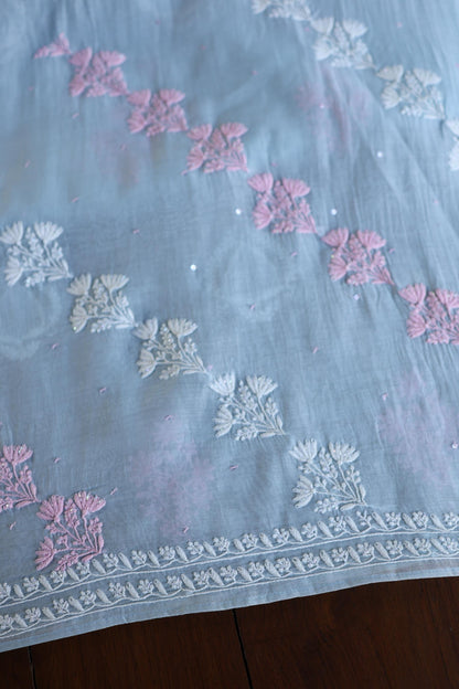 Pastel Blue Shade Malmal Pearl Work Chikankari Fabric