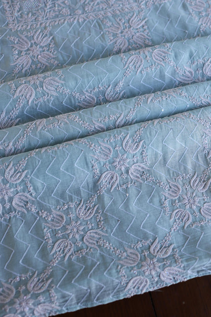 Pastel Blue Shade Malmal Pearl Work Chikankari Fabric