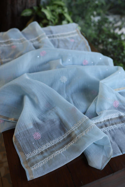 Pastel Blue Shade Malmal Pearl Work Chikankari Fabric