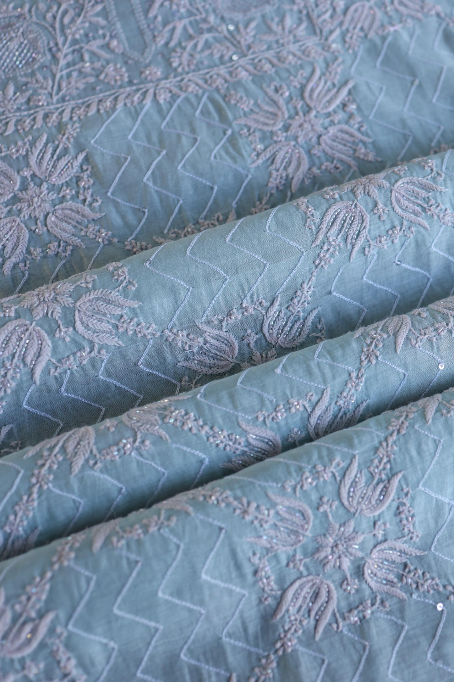 Pastel Blue Shade Malmal Pearl Work Chikankari Fabric
