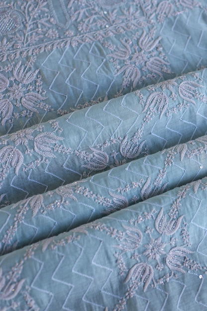 Pastel Blue Shade Malmal Pearl Work Chikankari Fabric