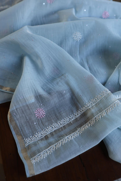 Pastel Blue Shade Malmal Pearl Work Chikankari Fabric