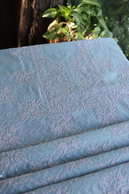 Pastel Blue Shade Malmal Pearl Work Chikankari Fabric