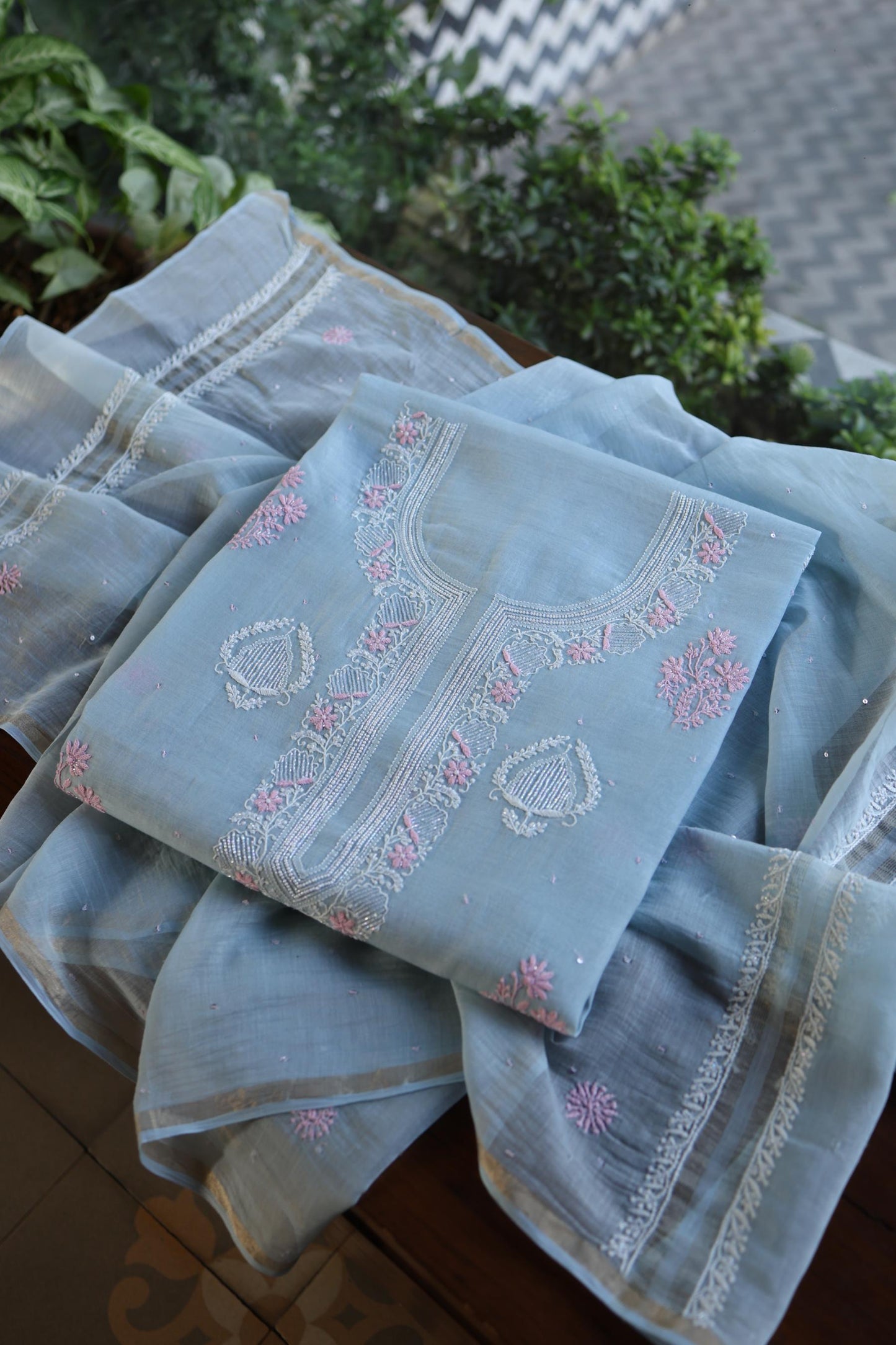 Pastel Blue Shade Malmal Pearl Work Chikankari Fabric