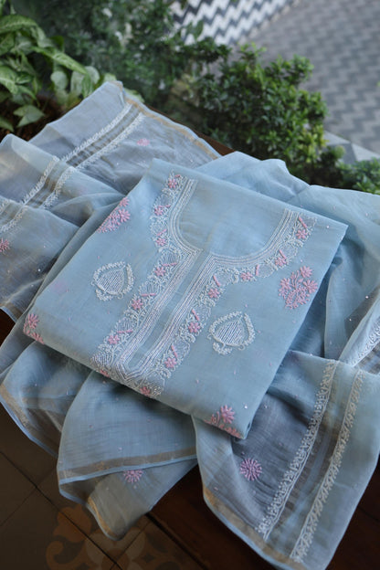 Pastel Blue Shade Malmal Pearl Work Chikankari Fabric