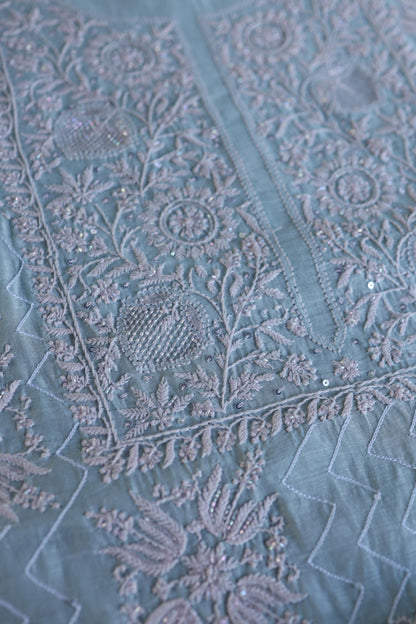 Pastel Blue Shade Malmal Pearl Work Chikankari Fabric