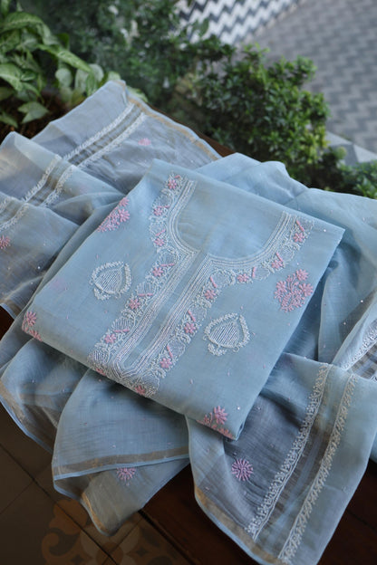 Pastel Blue Shade Malmal Pearl Work Chikankari Fabric