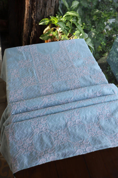 Pastel Blue Shade Malmal Pearl Work Chikankari Fabric