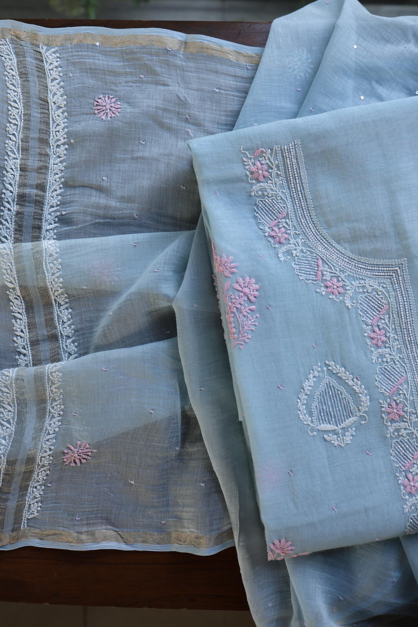 Pastel Blue Shade Malmal Pearl Work Chikankari Fabric