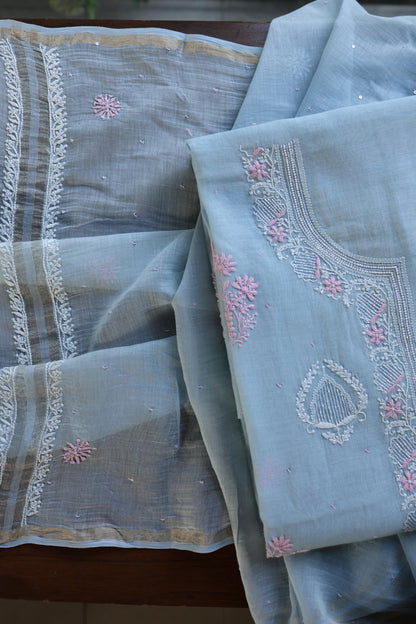 Pastel Blue Shade Malmal Pearl Work Chikankari Fabric