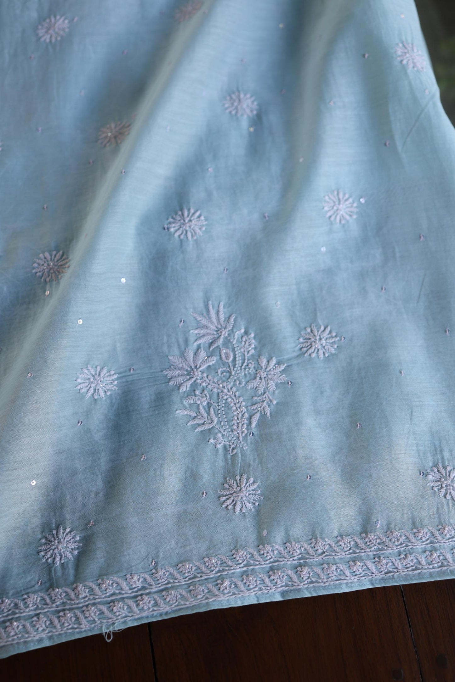 Pastel Blue Shade Malmal Pearl Work Chikankari Fabric
