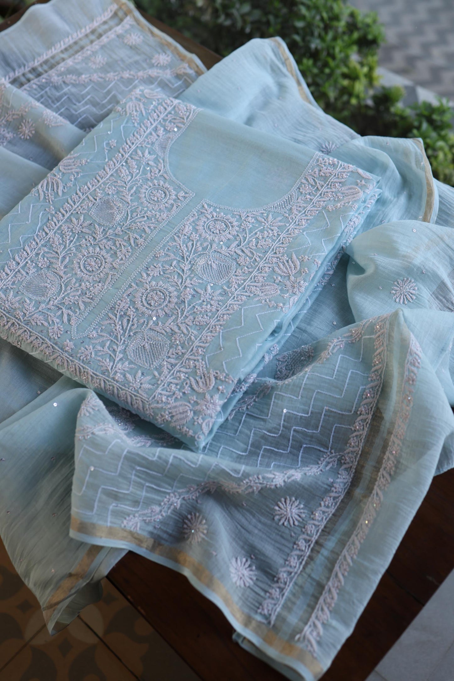 Pastel Blue Shade Malmal Pearl Work Chikankari Fabric