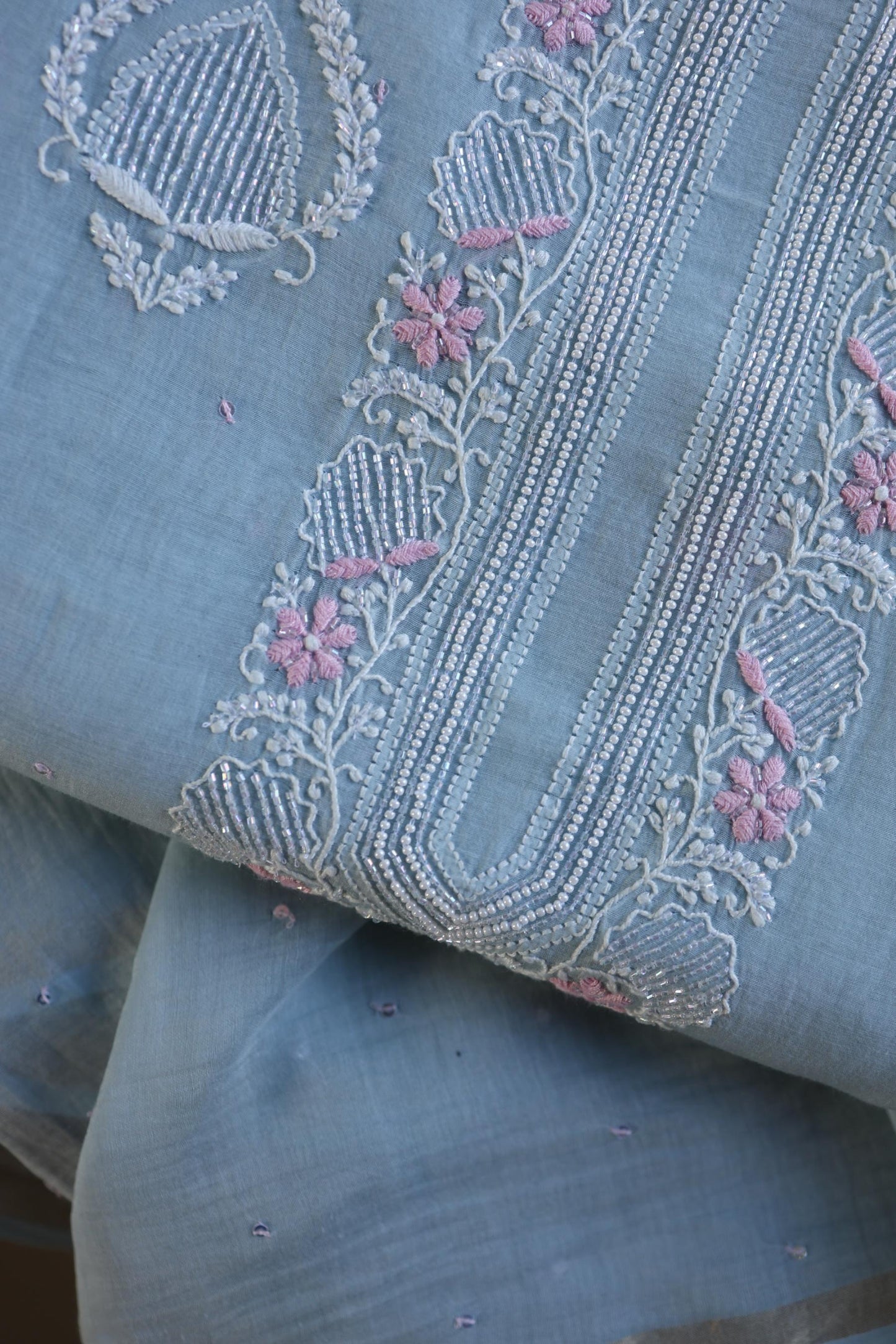 Pastel Blue Shade Malmal Pearl Work Chikankari Fabric
