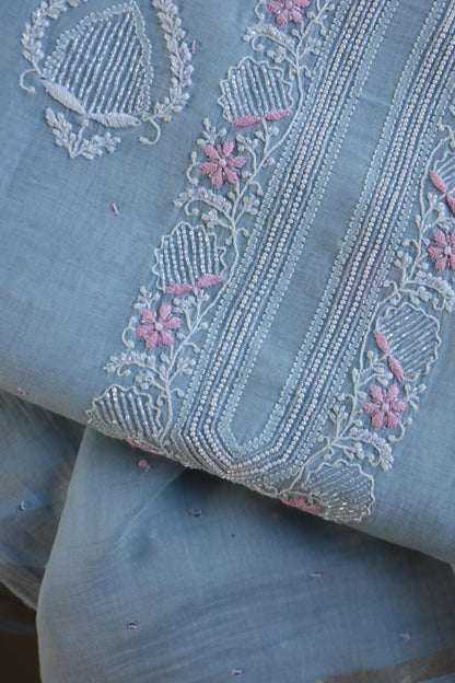 Pastel Blue Shade Malmal Pearl Work Chikankari Fabric