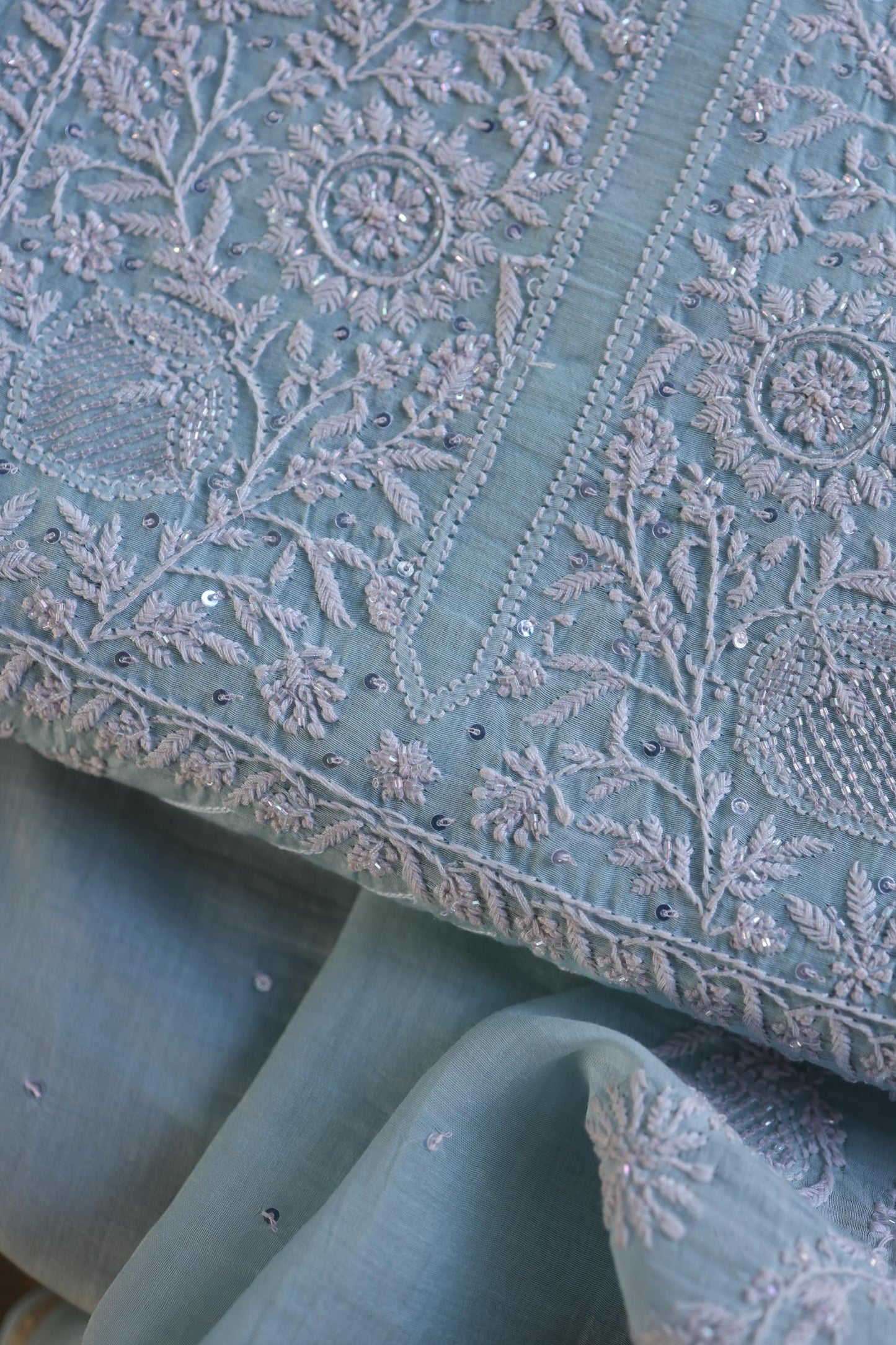 Pastel Blue Shade Malmal Pearl Work Chikankari Fabric