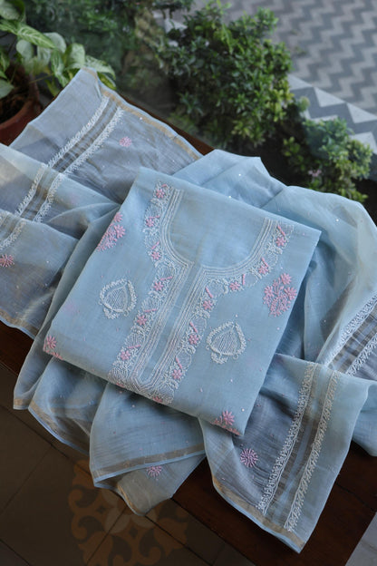 Pastel Blue Shade Malmal Pearl Work Chikankari Fabric