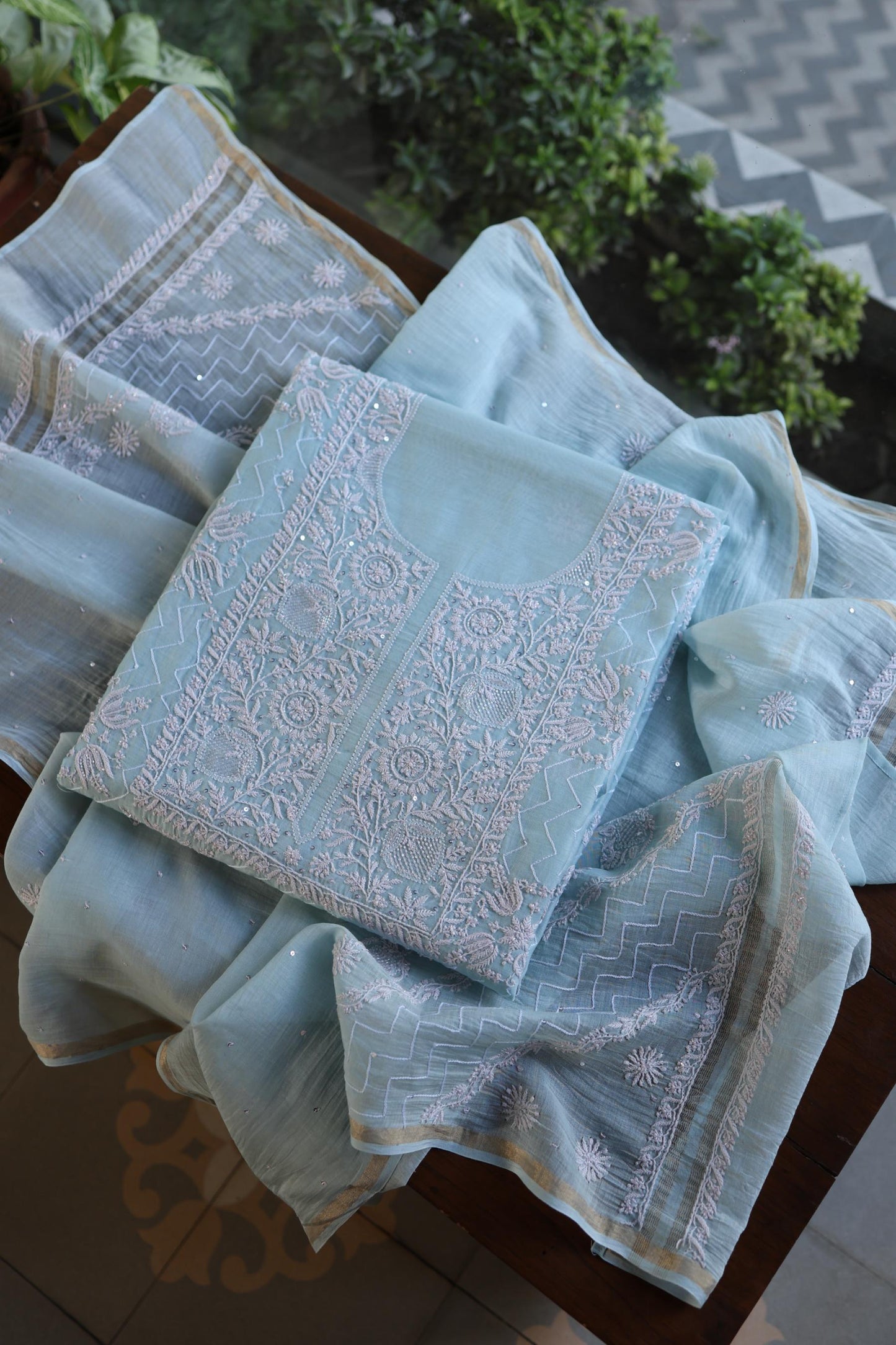 Pastel Blue Shade Malmal Pearl Work Chikankari Fabric