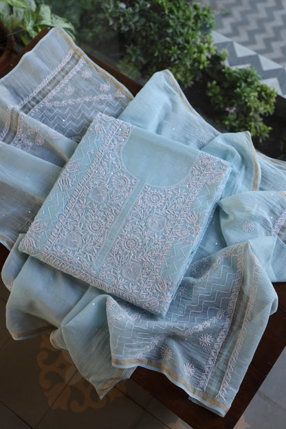Pastel Blue Shade Malmal Pearl Work Chikankari Fabric